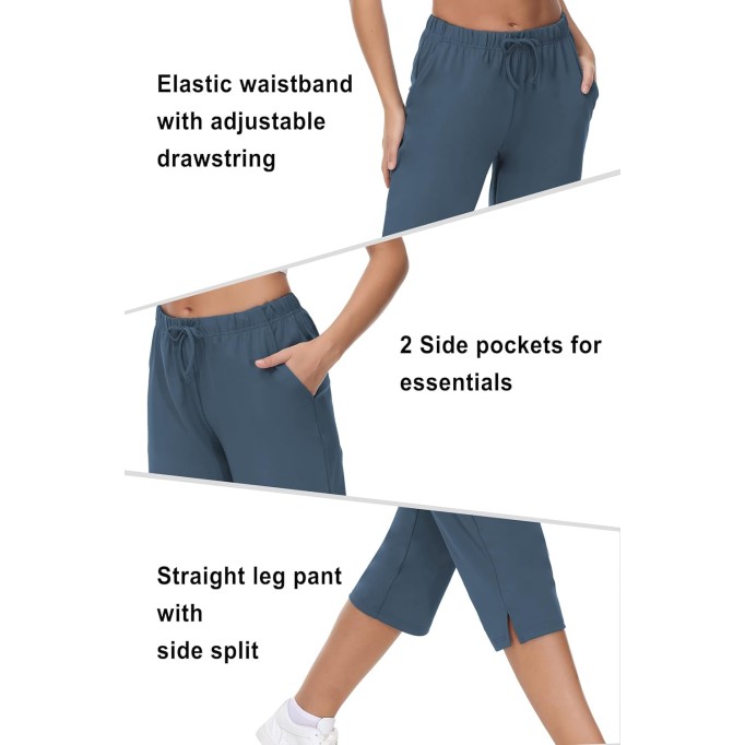 Womens Capris Yoga Pants Pull On Stretch Comfy Lightweight Summer Wide Leg Workout Crop with Pockets