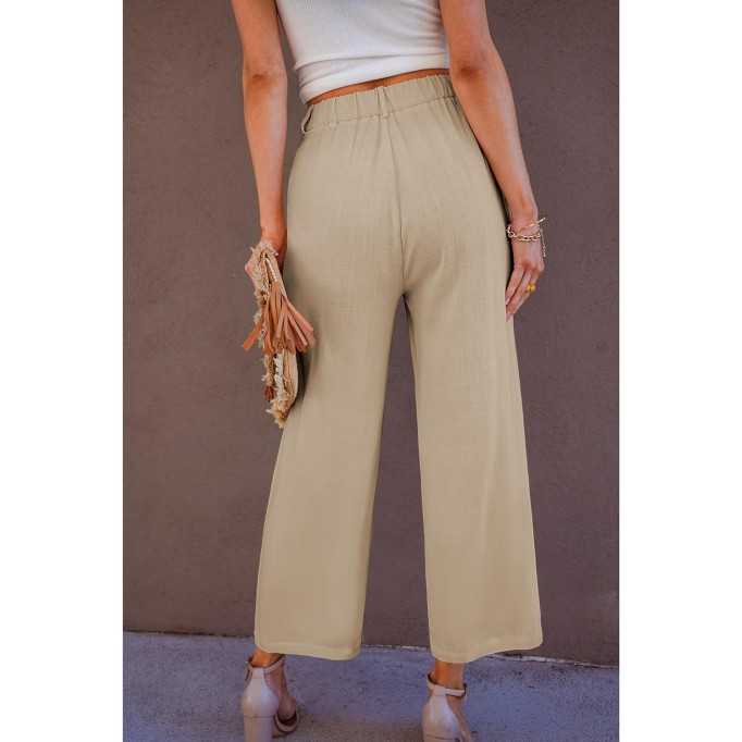 Wide Leg Capri Pants for Women High Waisted Linen Flowy Pleated Capris Cropped Trousers Pants Dressy Casual