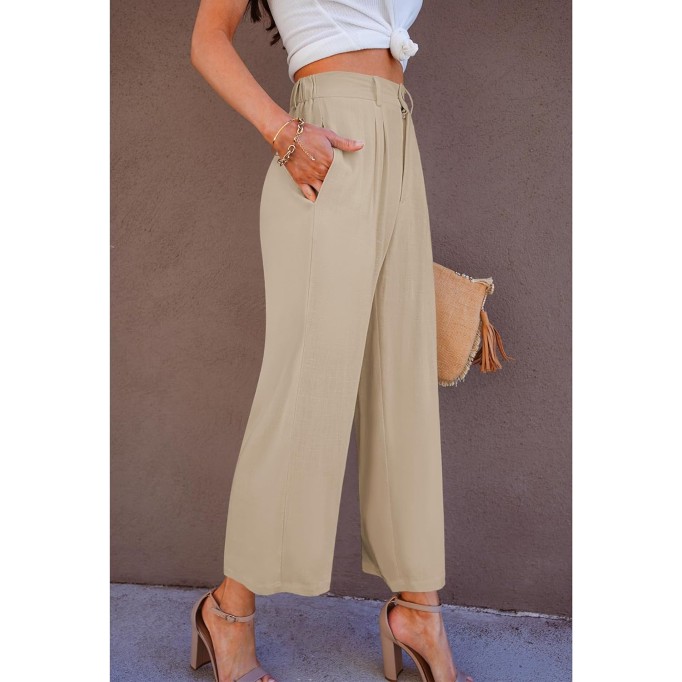 Wide Leg Capri Pants for Women High Waisted Linen Flowy Pleated Capris Cropped Trousers Pants Dressy Casual