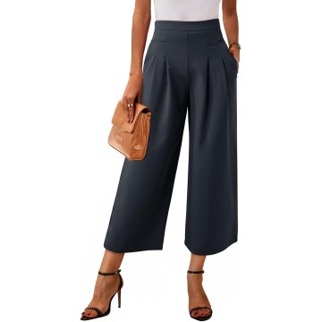 Womens Wide Leg Cropped Suit Pants Work Business Palazzo Summer Pleated Waisted Side Zipper Up Trousers with Pockets