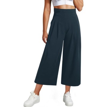 Womens Wide Leg Cropped Suit Pants Work Business Palazzo Summer Pleated Waisted Side Zipper Up Trousers with Pockets