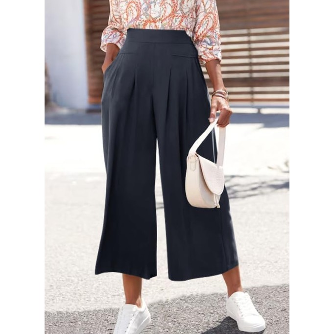 Womens Wide Leg Cropped Suit Pants Work Business Palazzo Summer Pleated Waisted Side Zipper Up Trousers with Pockets