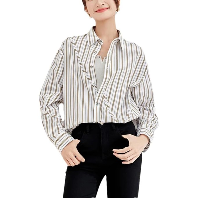 Women's Striped Shirt Long Sleeve Button Up Office Shirt Loose Cotton Shirt