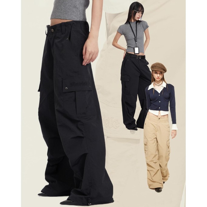 Women's Solid Color Multi-Pocket Cargo Pants High Waist Y2K Loose Pants Casual Travel Baggy Trousers