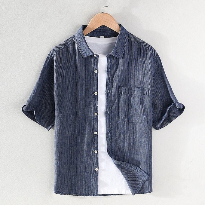 Men's Striped Short Sleeve Shirt - Square Collar, Cotton Vanicol