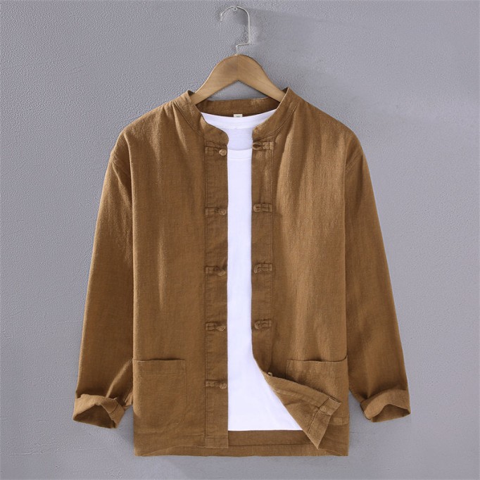 Stand Collar Cotton Vanicol Long Sleeve Shirt