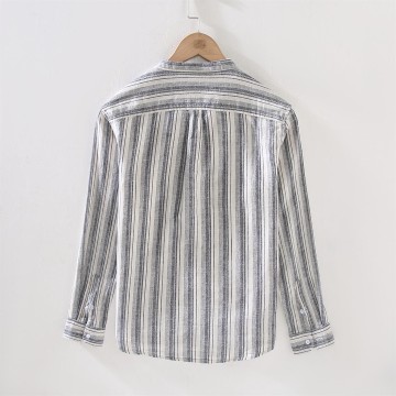 Men's Striped Long Sleeve Shirt - Stand Collar, Slim Fit