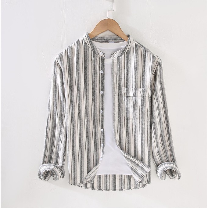 Men's Striped Long Sleeve Shirt - Stand Collar, Slim Fit