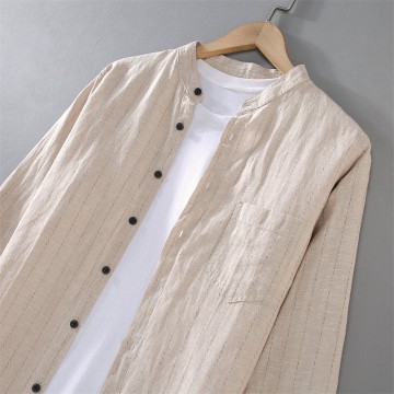 Stand Collar Cotton Vanicol Striped Long-Sleeved Shirt