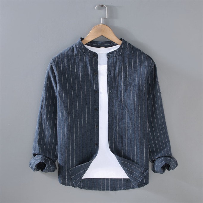 Stand Collar Cotton Vanicol Striped Long-Sleeved Shirt